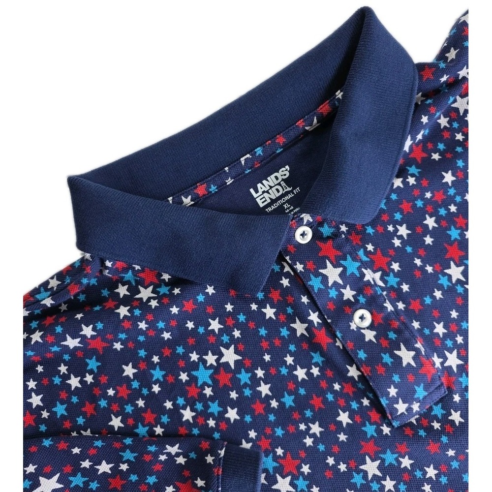 Lands'‎ End Men's AOP RED White Blue Stars Polo Shirt Size XL 46-48 TRADITIONAL